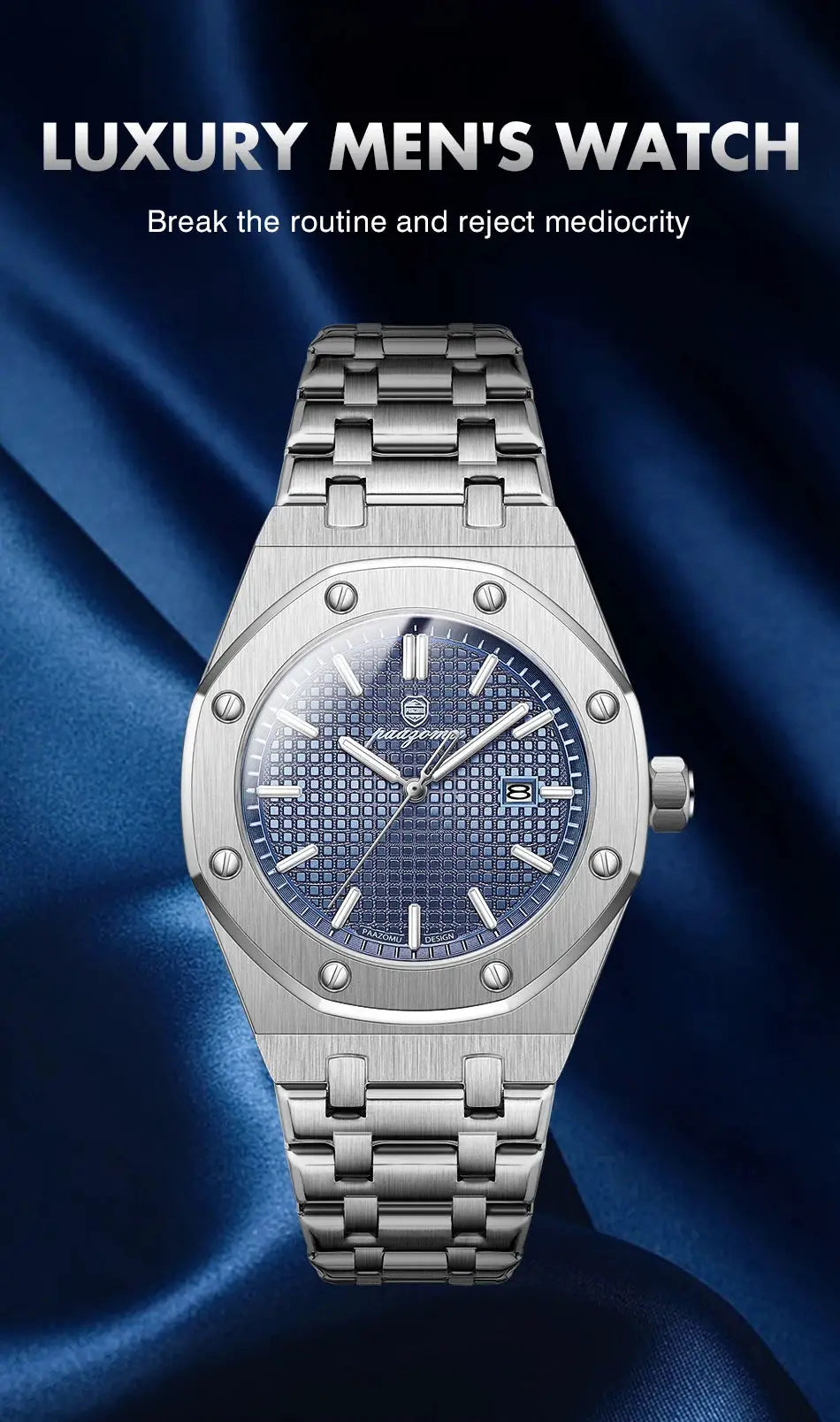 PAAZOMU luxury square men's quartz watch, stainless steel bracelet, blue textured dial with date