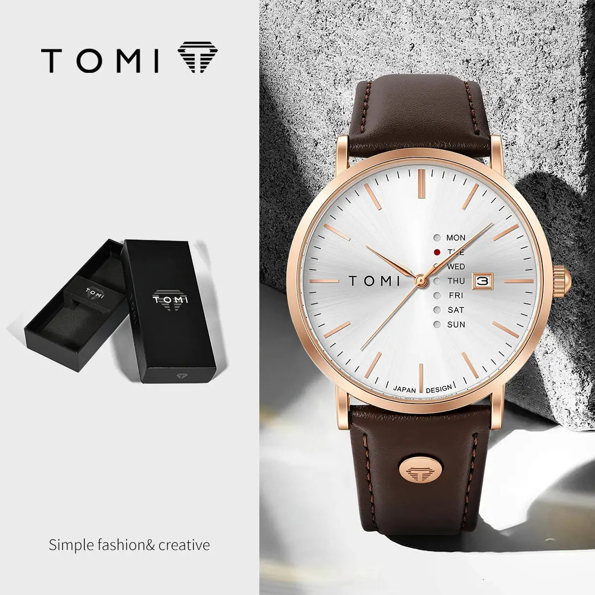 TOMI men's quartz watch with rose-gold case, brown leather strap, white sunburst dial, weekday calendar and date window.