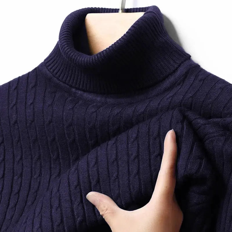 Men's navy ribbed turtleneck sweater, knitted pullover with long sleeves