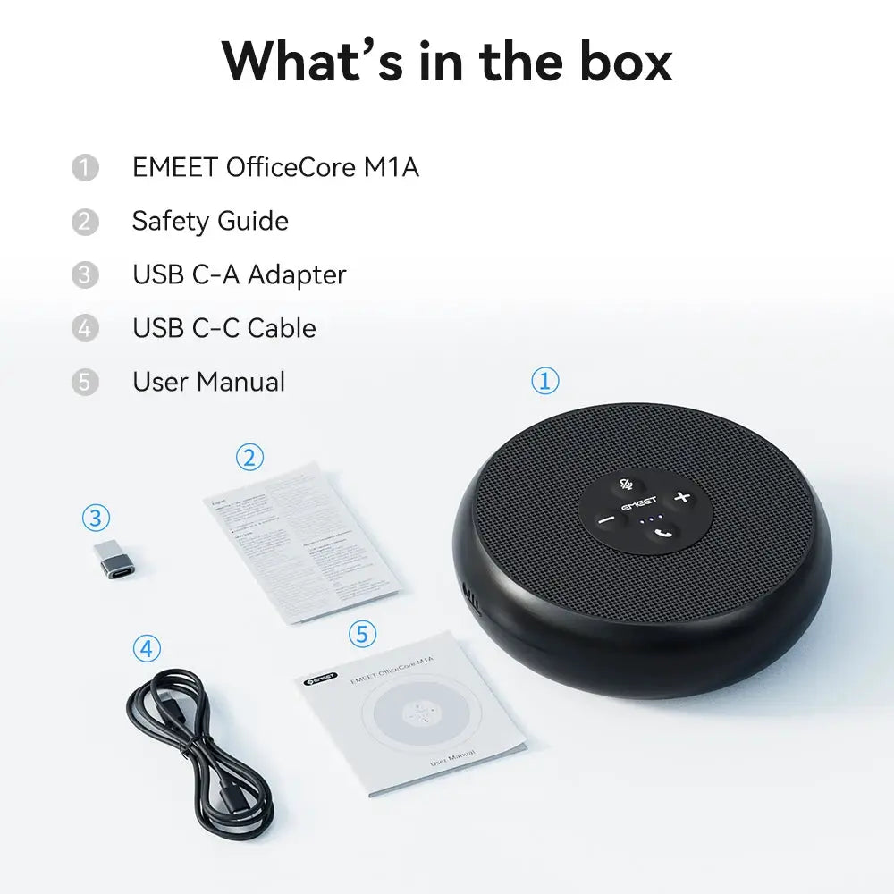 EMEET USB wired speakerphone, black round conference device with 360° pickup; includes 5 items.