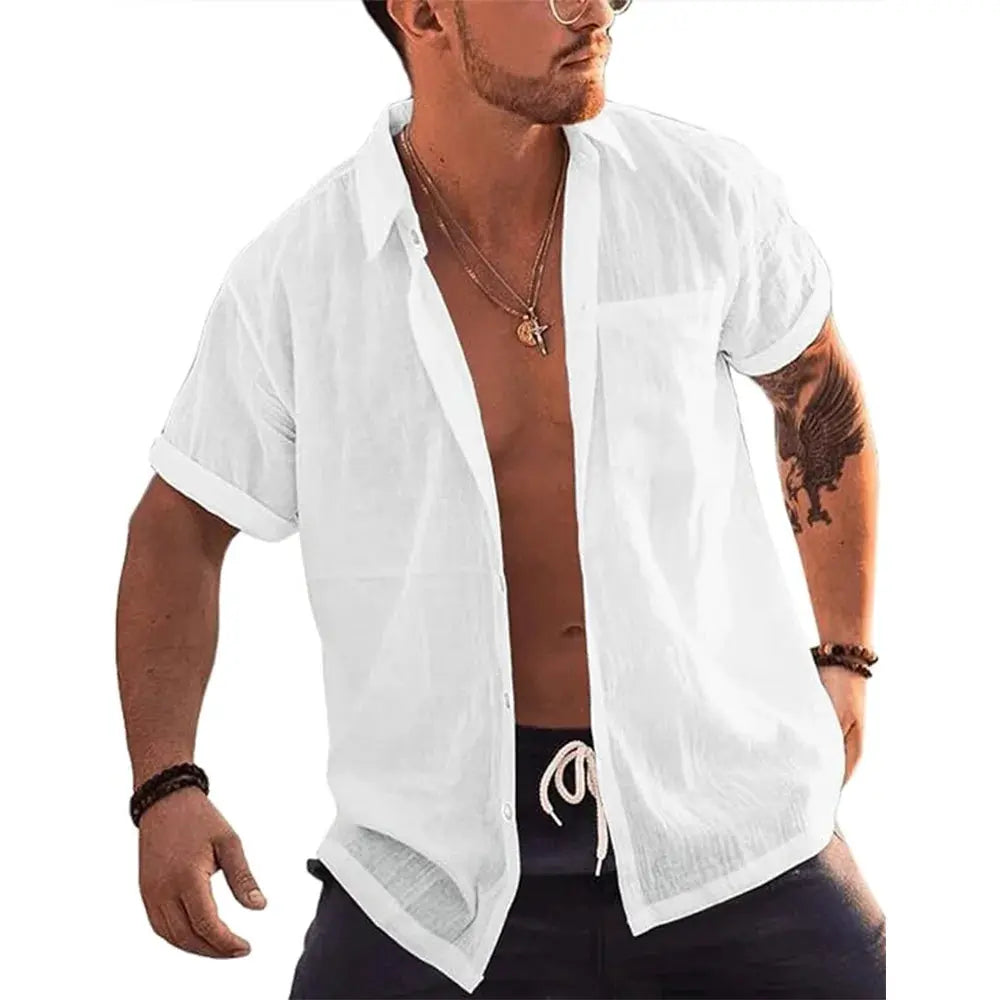 Simples Market men's linen-cotton short-sleeve button-up shirt, white with chest pocket and turn-down collar