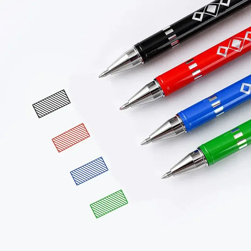 4-pack heat-erasable gel pens with 0.7mm bullet nib in black, red, blue, and green ink