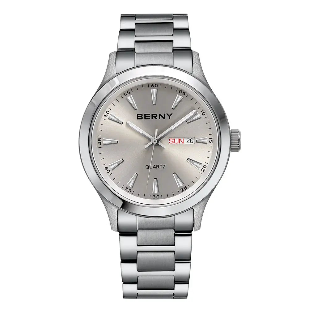 BERNY men's stainless steel dress watch with silver dial, day-date window, quartz movement.
