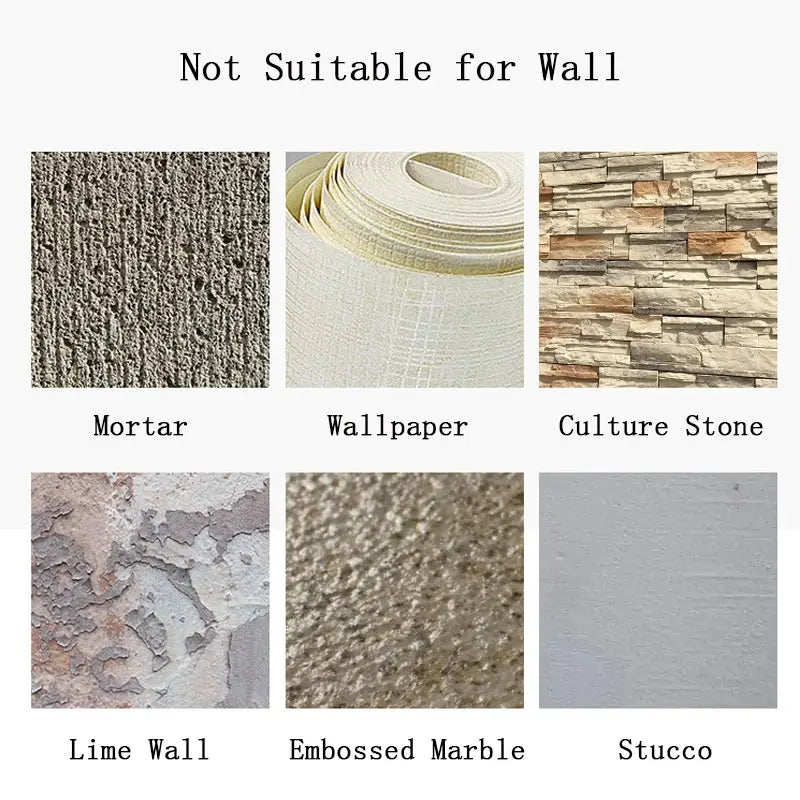 Simples Market No Punching Hair Dryer Holder Rack collage of six wall textures: mortar, wallpaper, culture stone, lime wall, embossed marble, stucco.