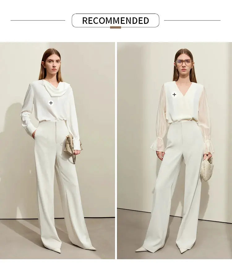 AMII Minimalism women's white wide-leg pants, shown in 2 outfits