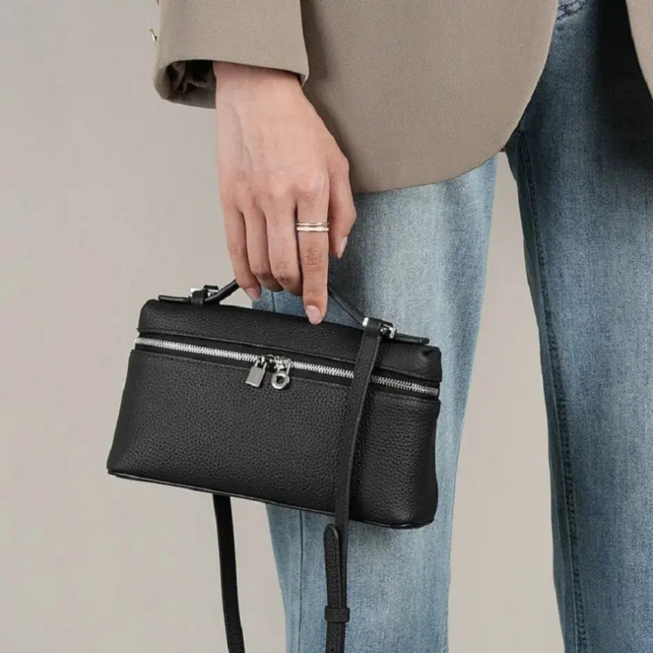 Lychee-grain mini shoulder bag with top handle and crossbody strap in black
