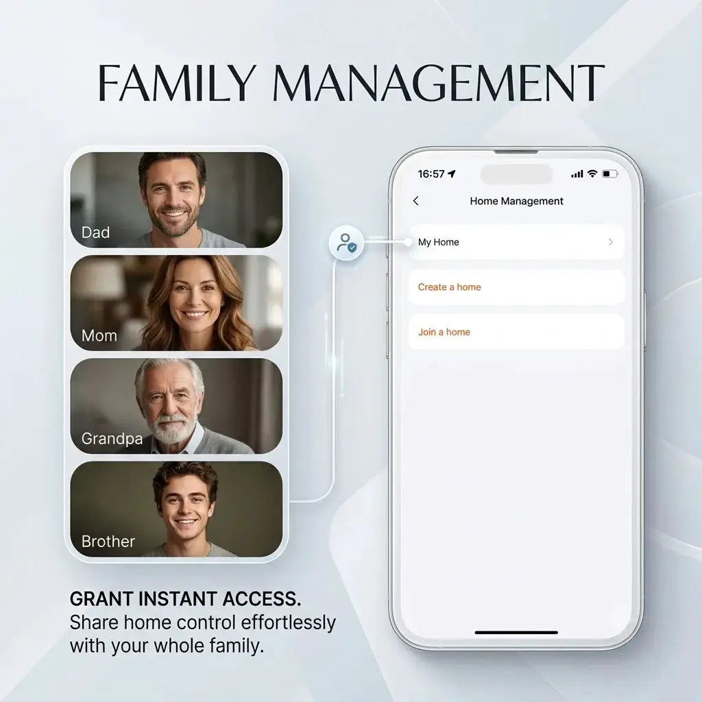 Simples Market 3MP 2K WiFi Video Door Viewer Peephole Camera, 170° wide angle; two phones show a family-management app