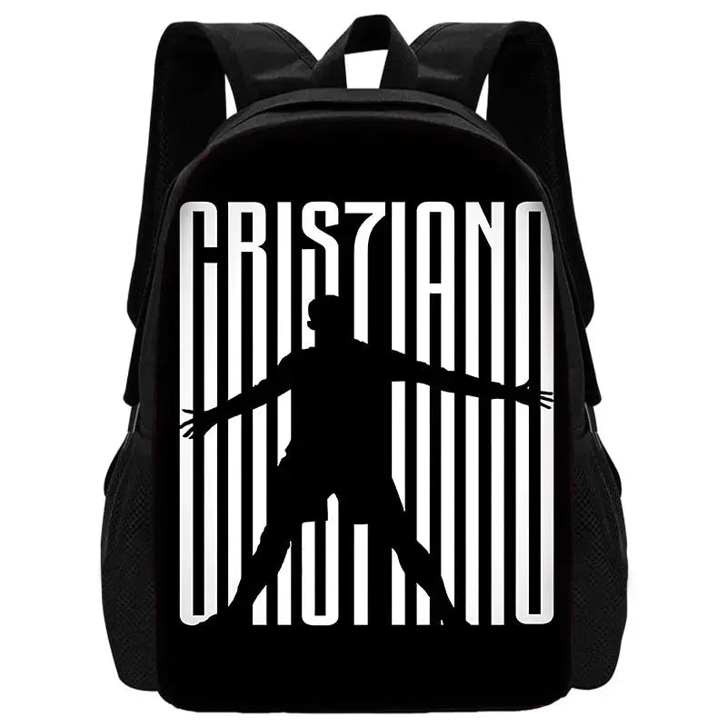 Kids' backpack featuring Cristiano Ronaldo CR7 silhouette on a black front panel with white stripes