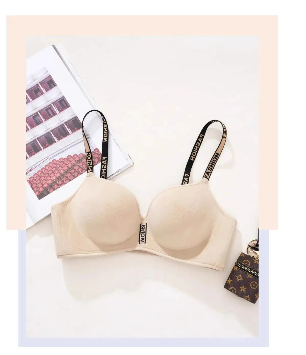 Beige wireless push-up bra with seamless cups and thickened lift; black branded straps