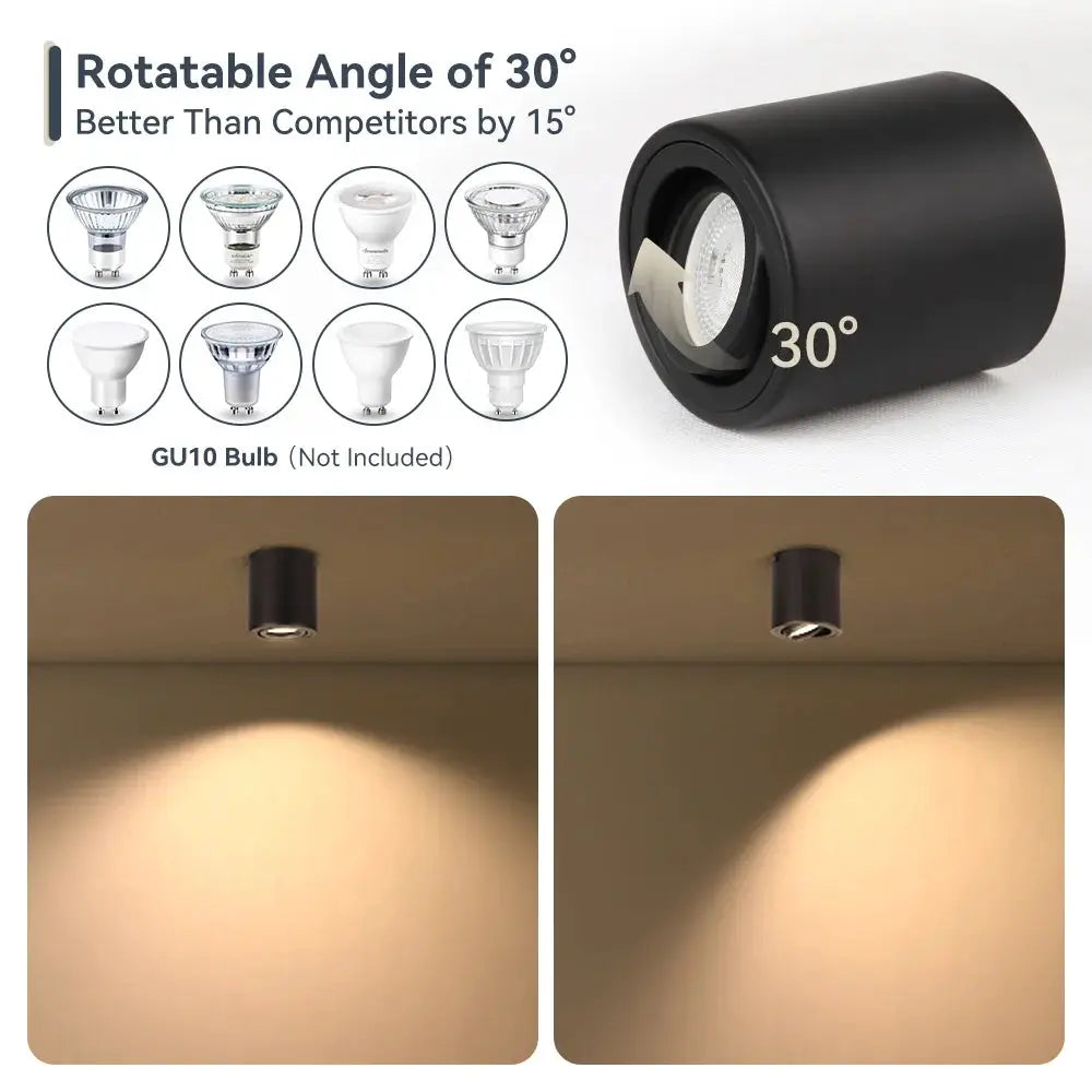 Simples Market GU10 LED downlight ceiling spotlight, black cylindrical fixture with 30° adjustable angle; bulb not included