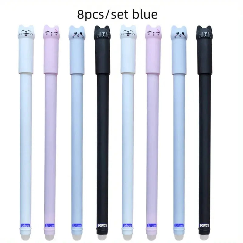 Simples Market 8pc cat-shaped erasable gel pen set with 0.5mm blue/black ink in pastel colors