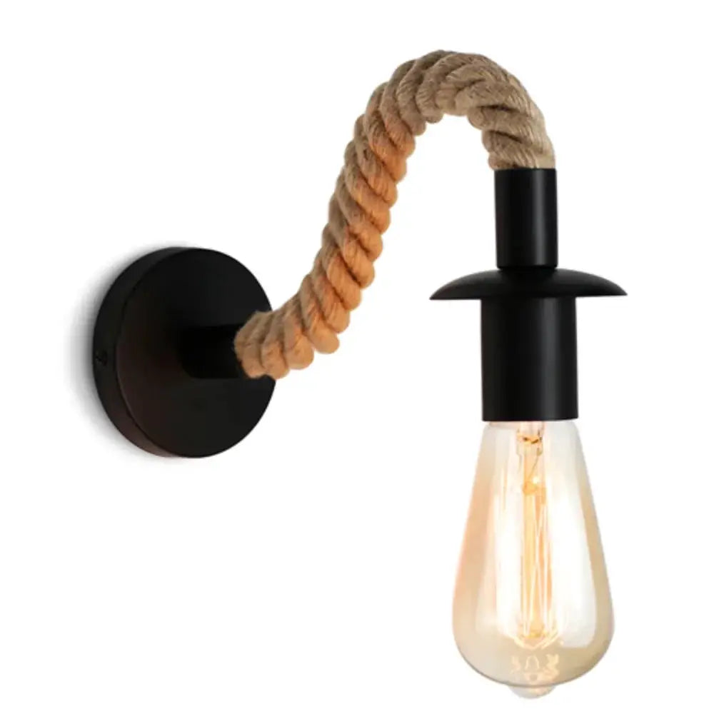 Retro hemp rope E27 Edison bulb iron wall lamp with black metal mount