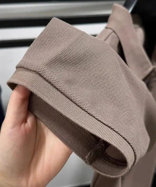 Men's polo shirt by Simples Market, taupe cotton short sleeve with rolled cuff