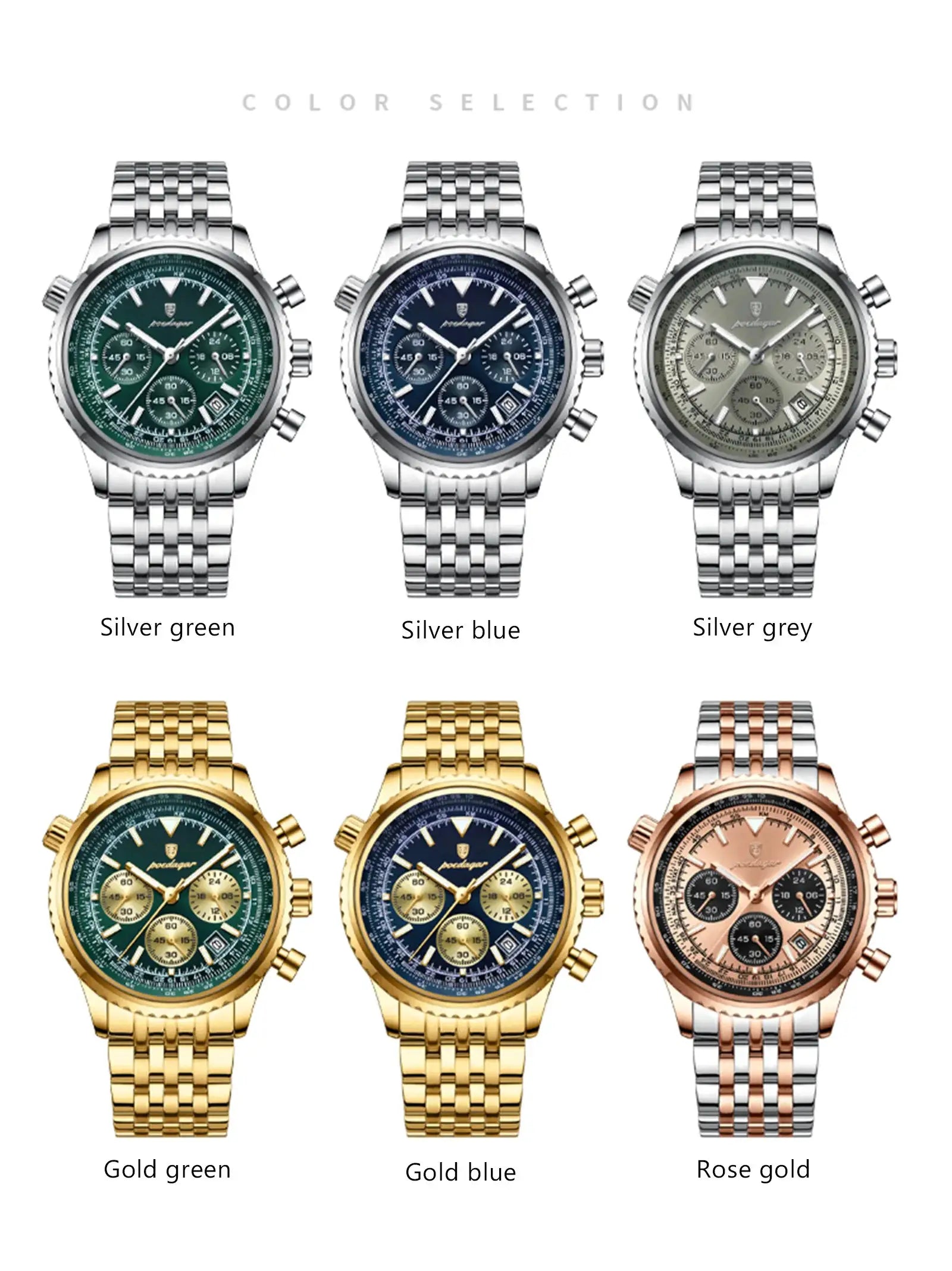 POEDAGAR men's luxury chronograph stainless steel watch; 6 color variants shown