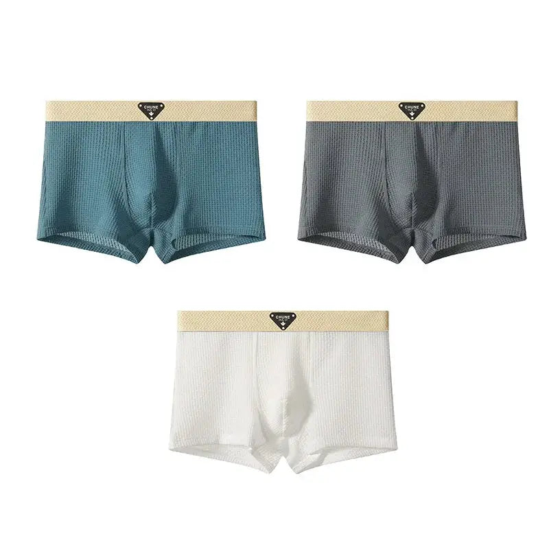 Simples Market 3-pack men's ice-silk boxer briefs in teal, gray, and white with beige waistband