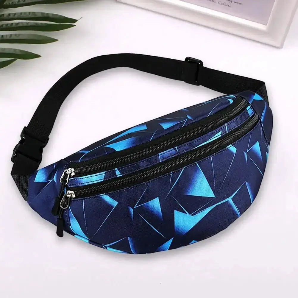 Simples Market waist pack for running, blue geometric fanny bag with dual zippers and adjustable strap