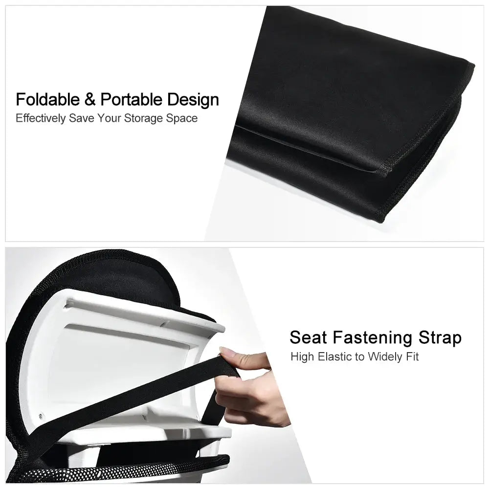 Massager chair pad in black fabric; foldable with seat strap for secure fit, for car or home use.