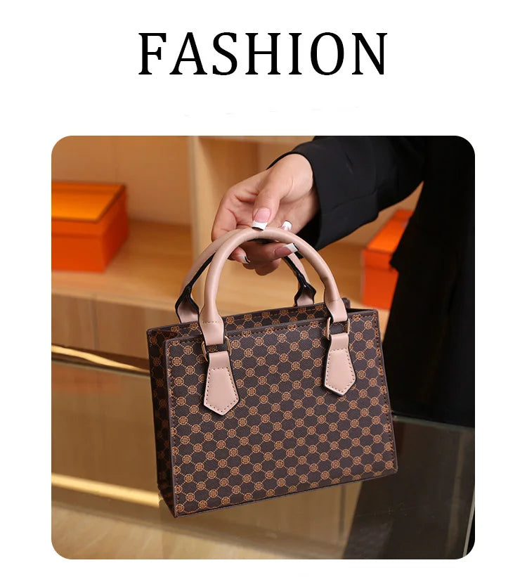 Top-handle handbag, brown plaid PU leather with beige handles for women