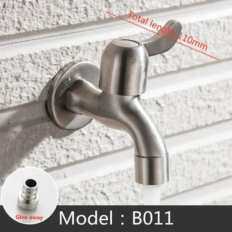 Simples Market brushed stainless steel garden faucet (wall-mounted hose bibcock) with lever handle, Model B011.