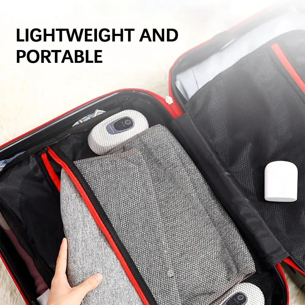 Electric calf massager, wireless 360° air pressure with 3 modes; two white units in a red carrying bag