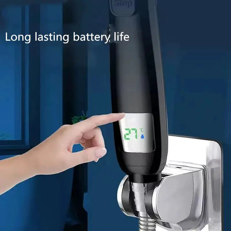 Simples Market high-pressure handheld shower head with LED temperature display, black with chrome mounting bracket