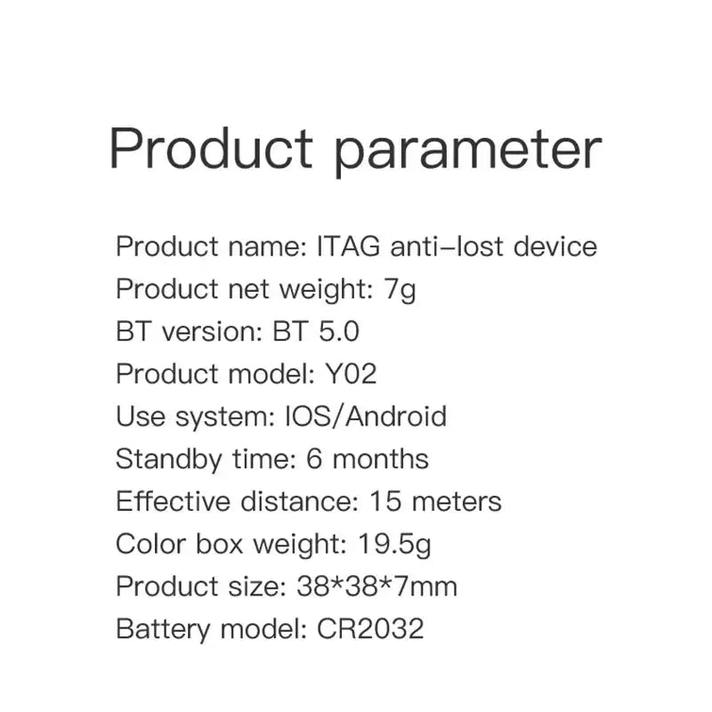 ITAG anti-lost device product parameters: 7g, BT 5.0, Y02, IOS/Android, 15m range, CR2032 battery