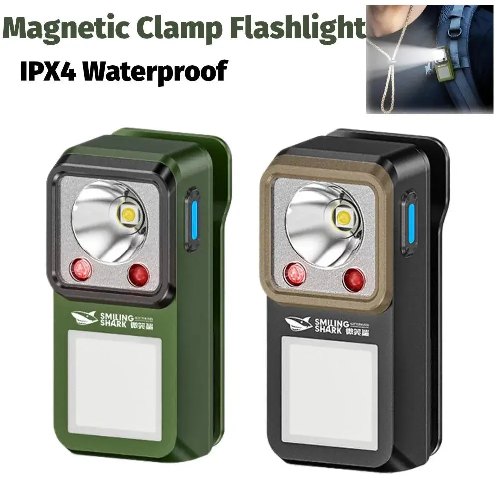 LED magnetic clamp flashlight 2-pack, green and black, Smiling Shark logo, clip-on rechargeable outdoor light