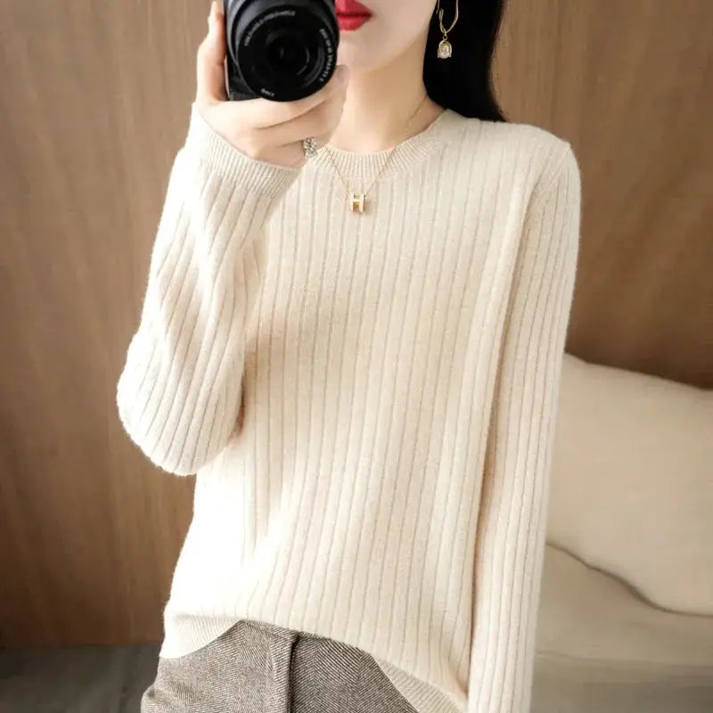 Aurora Knitwear Warm O Neck Stripe Loose Fit Sweater For Autumn Winter Layering Cozy Knit