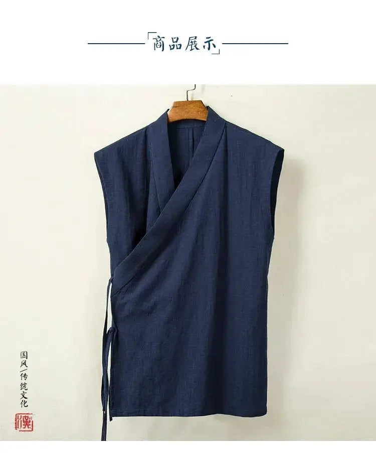 Men's Hanfu vest, navy blue linen-cotton sleeveless wrap top.