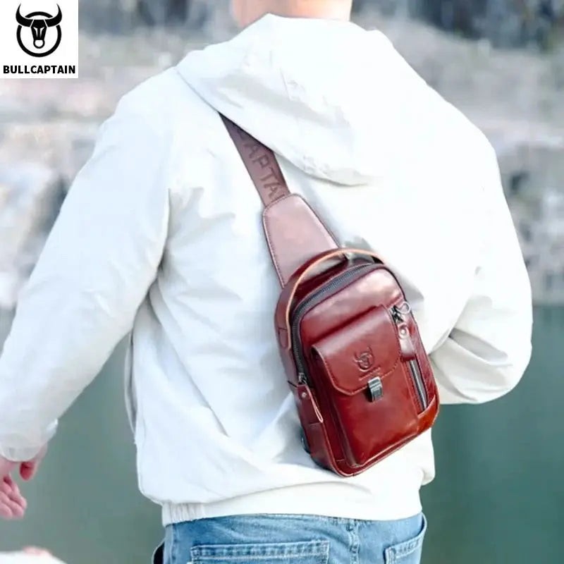 BULLCAPTAIN men's genuine leather chest bag; brown crossbody with 7.9-inch phone pocket