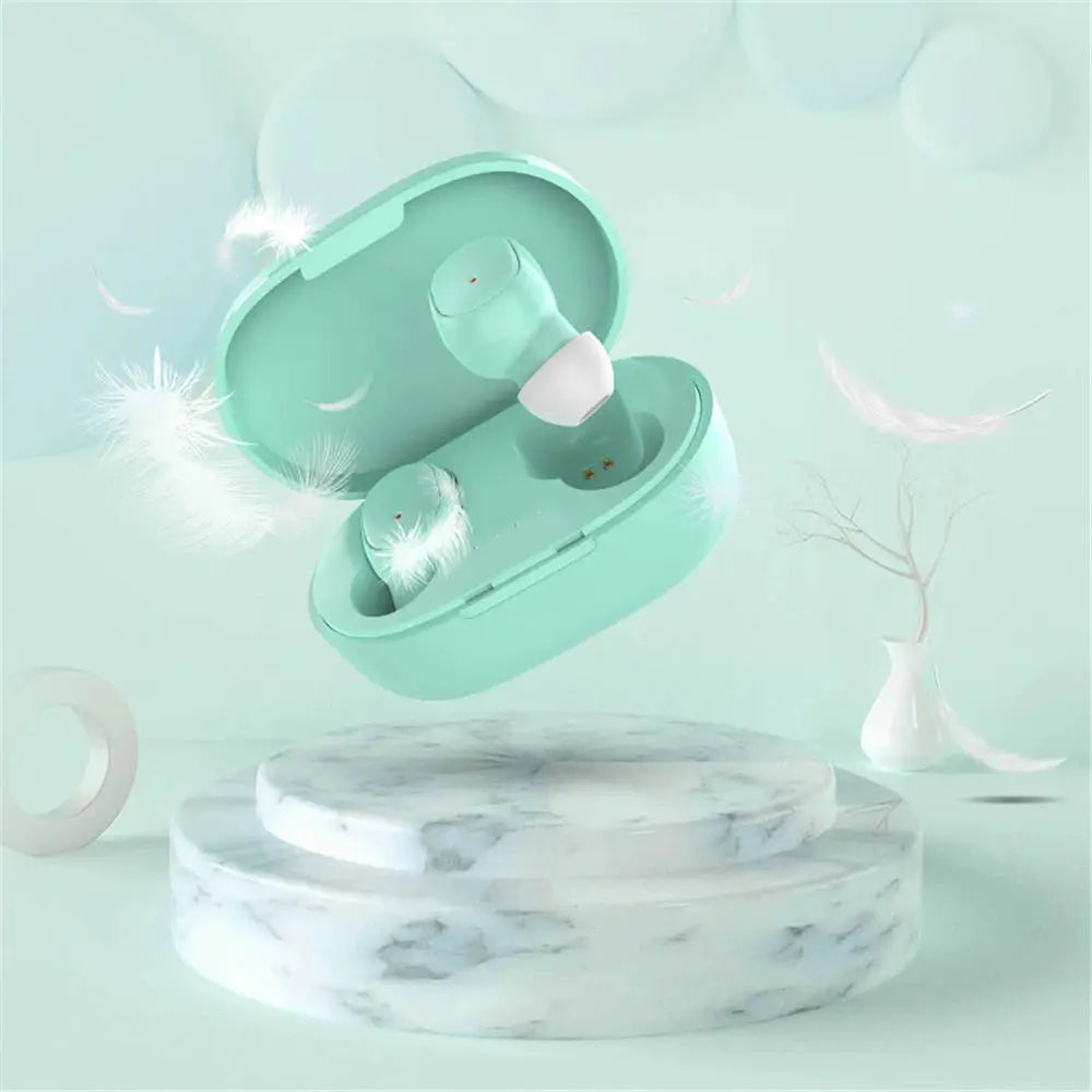 A6S wireless Bluetooth earphones in mint green charging case; two earbuds