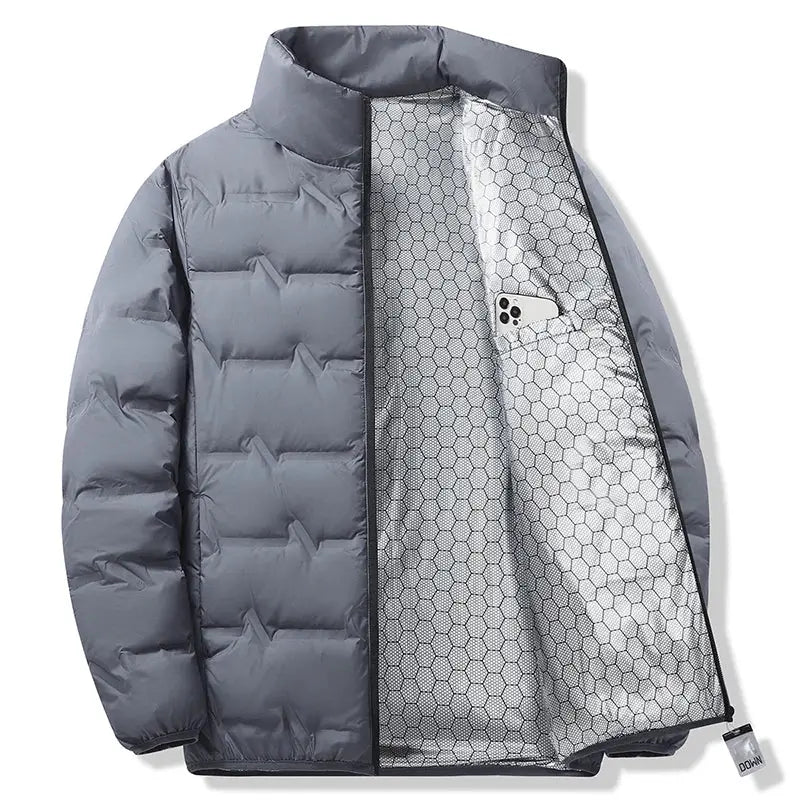 Simples Market men's gray duck-down jacket with interior hex mesh lining and inner chest pocket