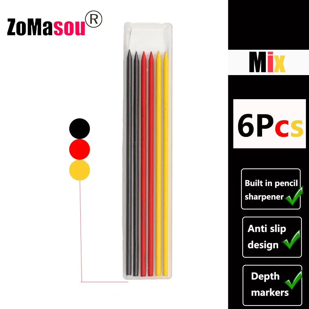 ZoMaSou 6Pcs carpenter pencil set with long heads; black, red and yellow pencils; built-in sharpener; depth markers