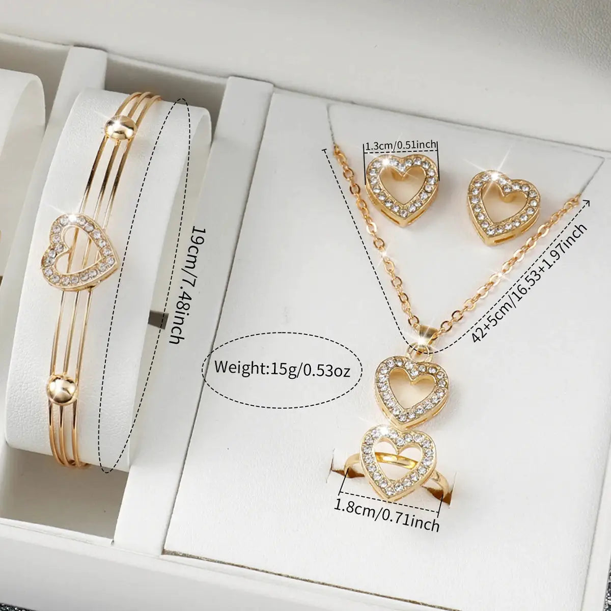 6-piece gold-tone crystal heart jewelry set by Simples Market: necklace, bracelet, ring, and stud earrings