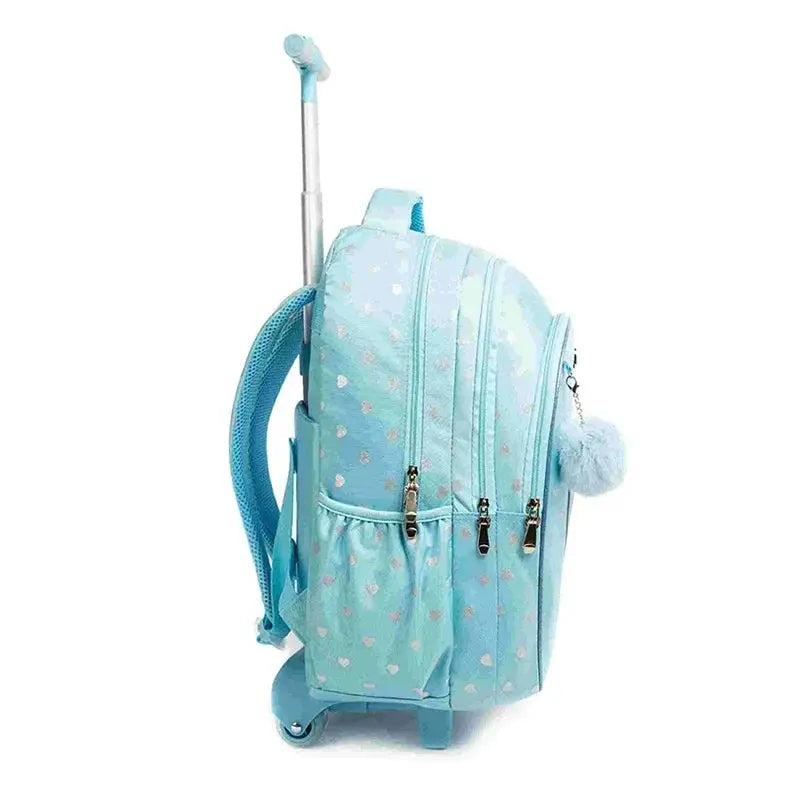 Children's wheeled backpack by Simples Market in light blue with heart print and retractable trolley handle