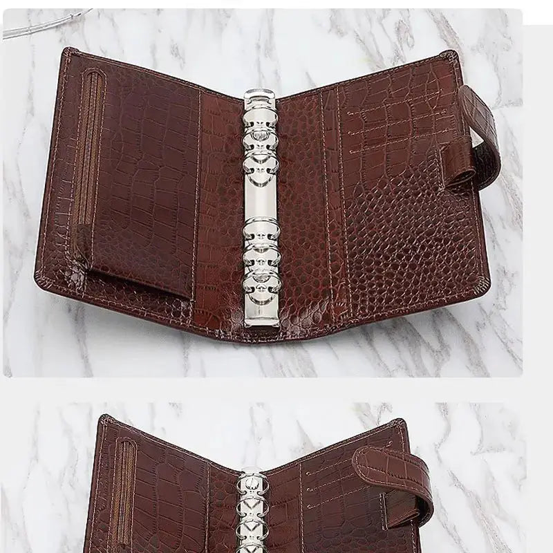 Yiwi genuine leather pocket planner with six-ring binder, brown crocodile-embossed cover and strap closure