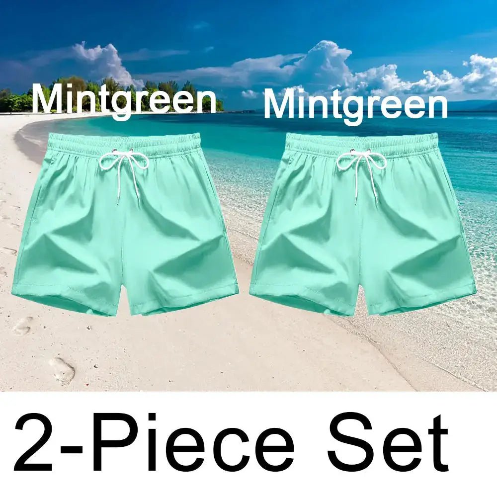 Men's mint green board shorts, quick-dry swim trunks with white drawstrings, 2-piece set on beach