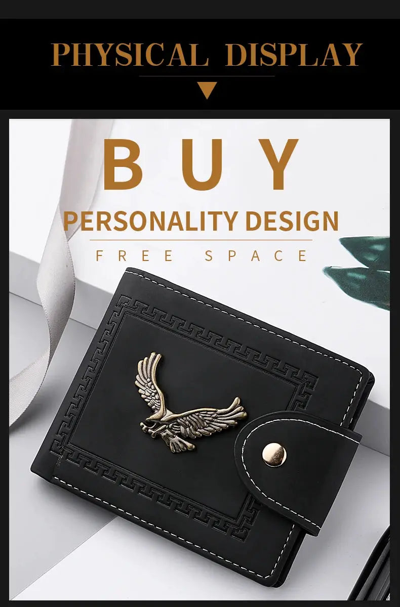 Men's black PU leather wallet with gold eagle emblem and white stitching