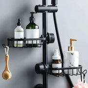 Shower rack system by Simples Market, black aluminum with two wire baskets for bottles and soap