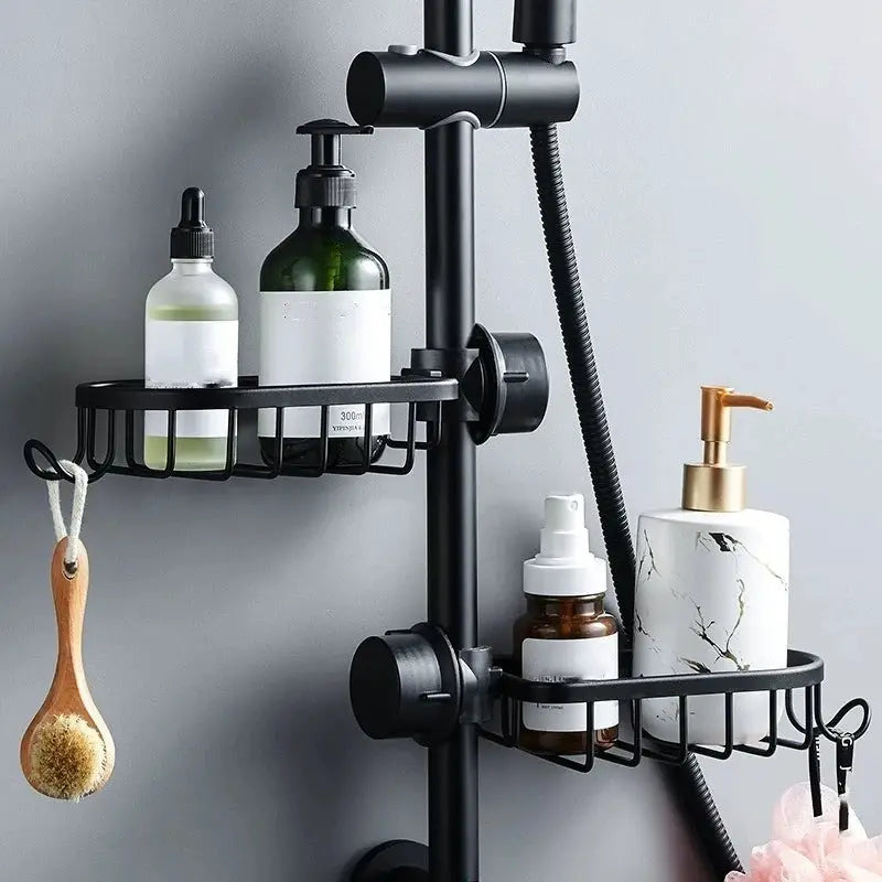 Shower rack system by Simples Market, black aluminum with two wire baskets for bottles and soap