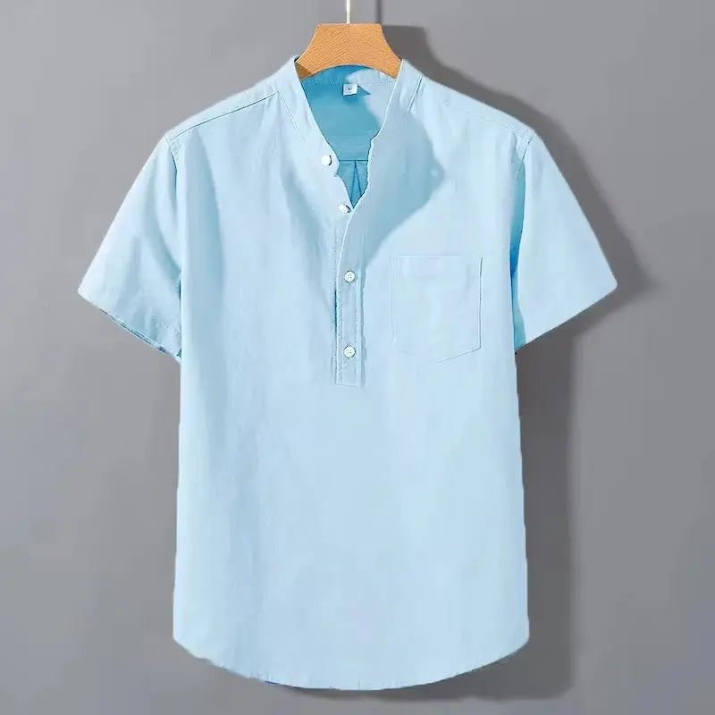 Mens Short Sleeve T Shirt Solid Color Stand Up Collar Breathable Cotton Top With Pocket For Summer Trendy