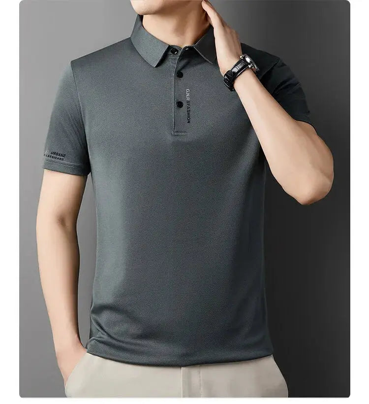 Men's dark gray ice-silk polo shirt with short sleeves, casual golf top by Simples Market