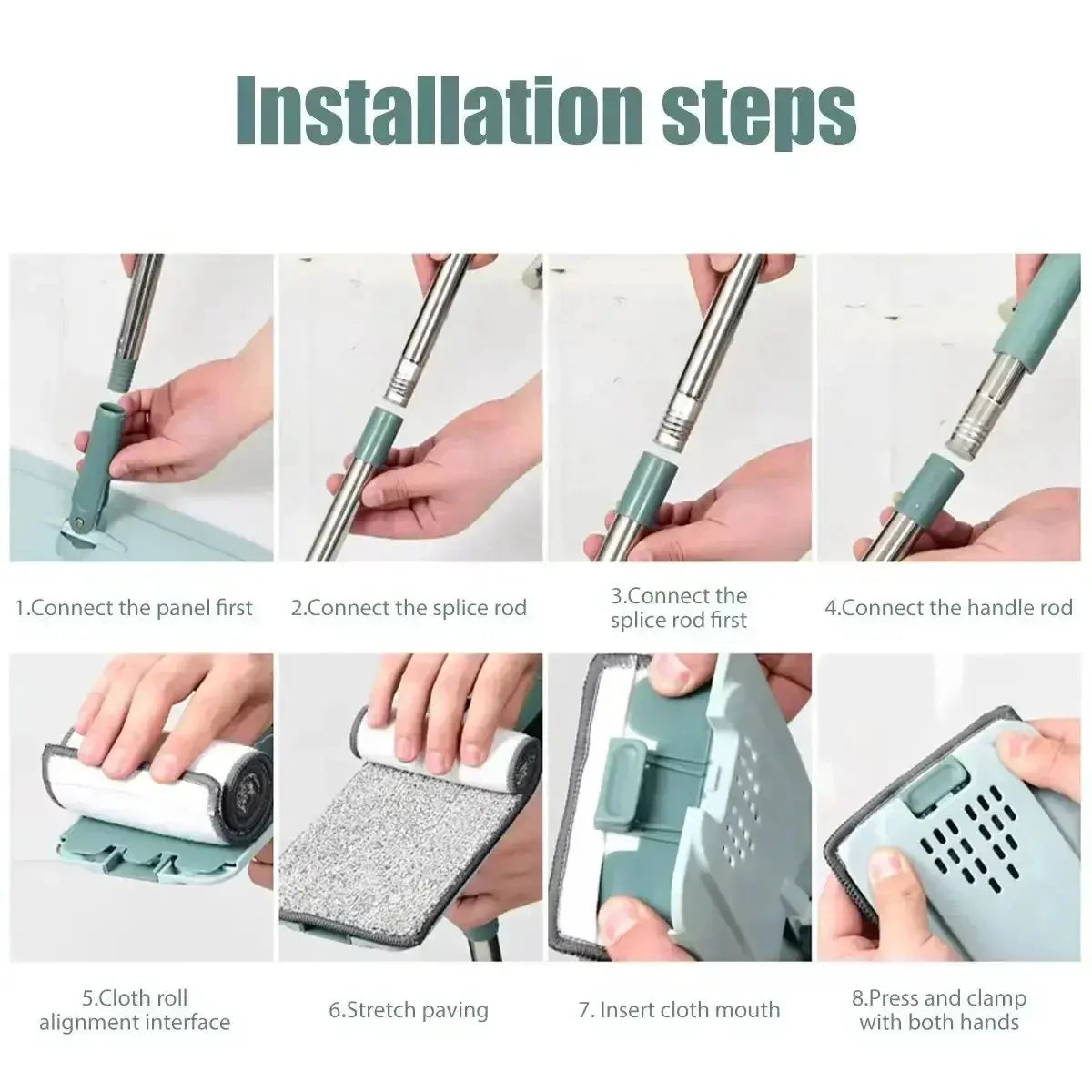 Flat Squeeze Mop with Bucket by Simples Market, green handle and microfiber pad, installation steps collage