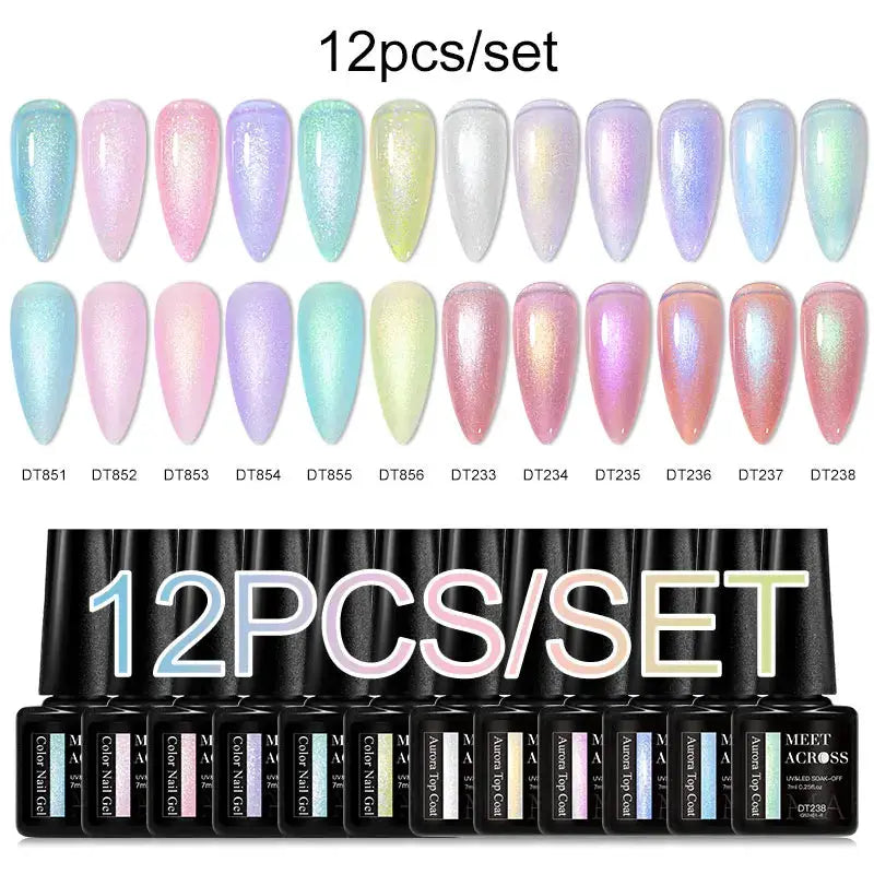 12-piece gel nail polish set by Simples Market MEET ACROSS, featuring pink glitter and pastel Macaron blue shades