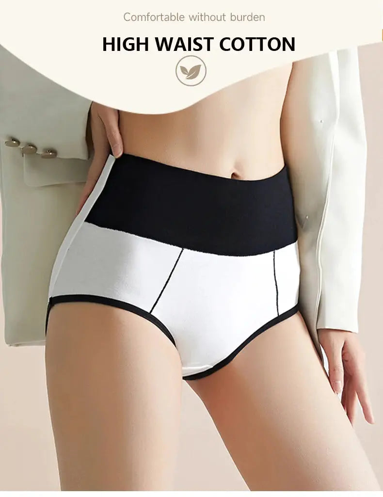 High-waist cotton women's panties; white body with black waistband and black trim