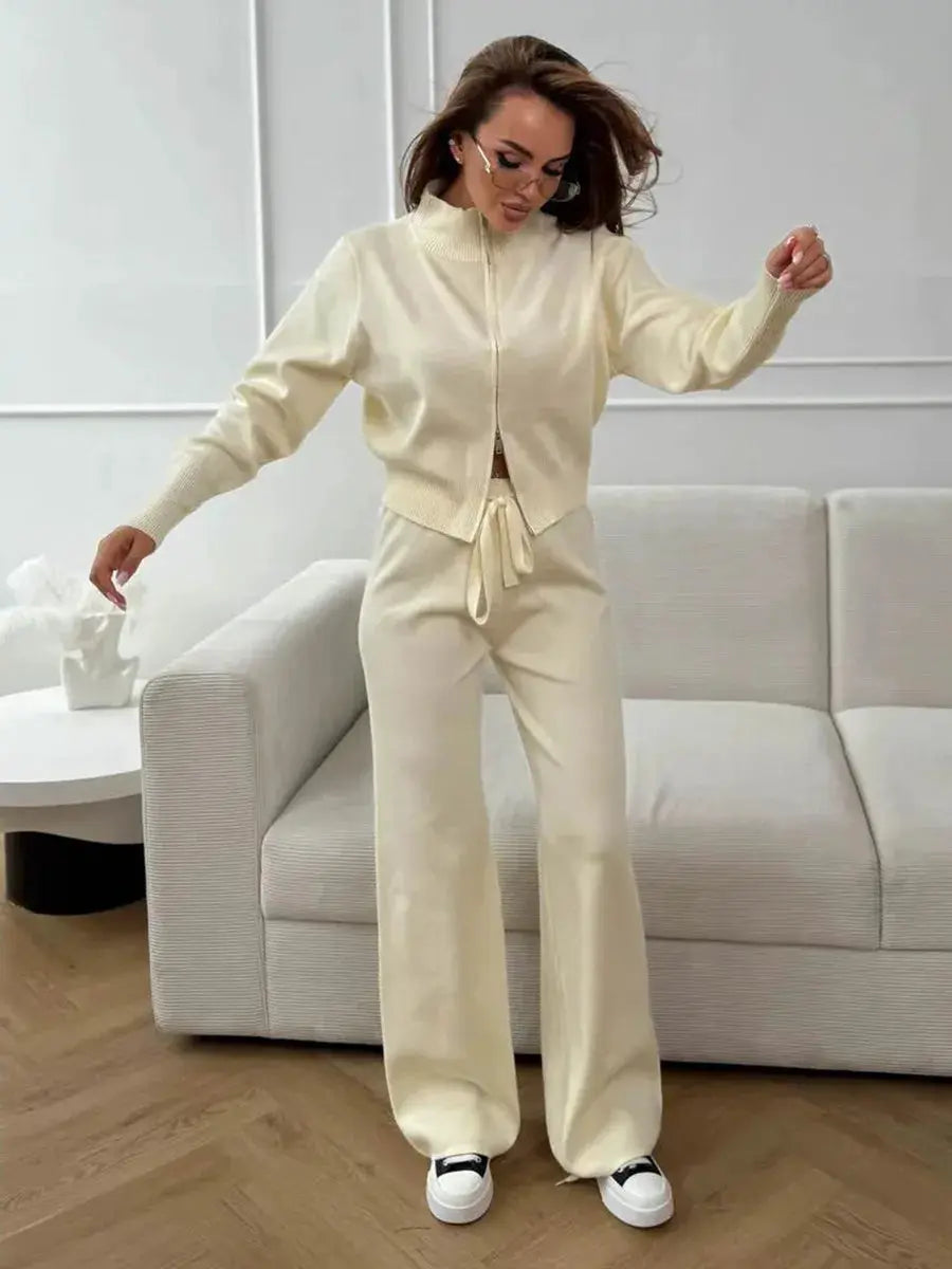 Bornladies Knit Zip Up Cropped Cardigan With Wide Leg Pants Set Women