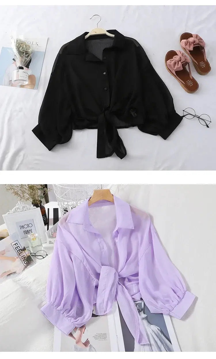2-pack chiffon blouses: black and lavender tied-waist bat-sleeve tops by Simples Market