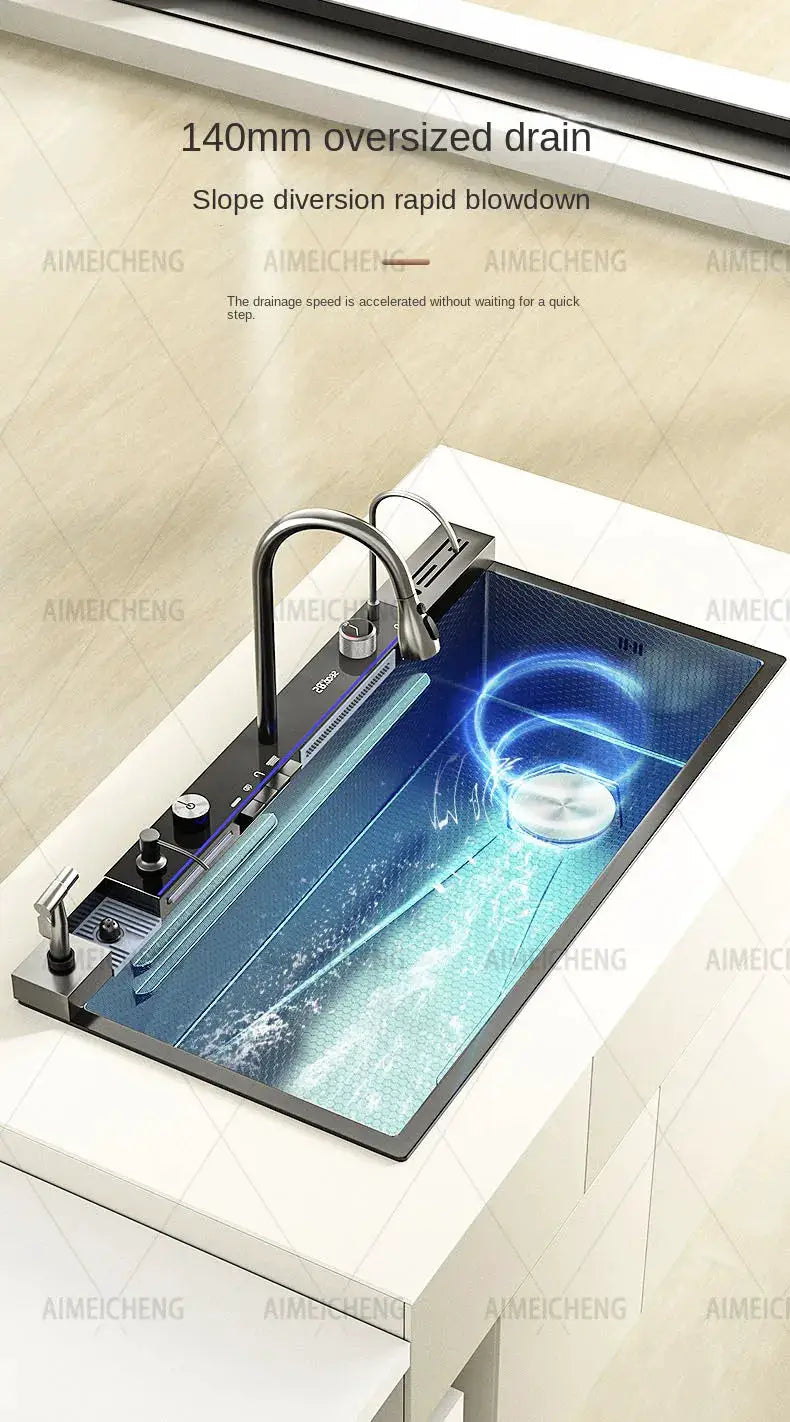 Stainless steel waterfall kitchen sink with large single-slot basin and left-side drainage