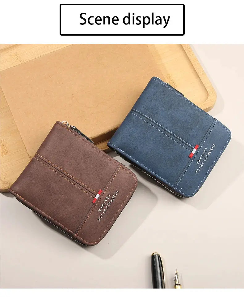 Simples Market pair of men's wallets in brown and blue with horizontal zipper, retro square design.