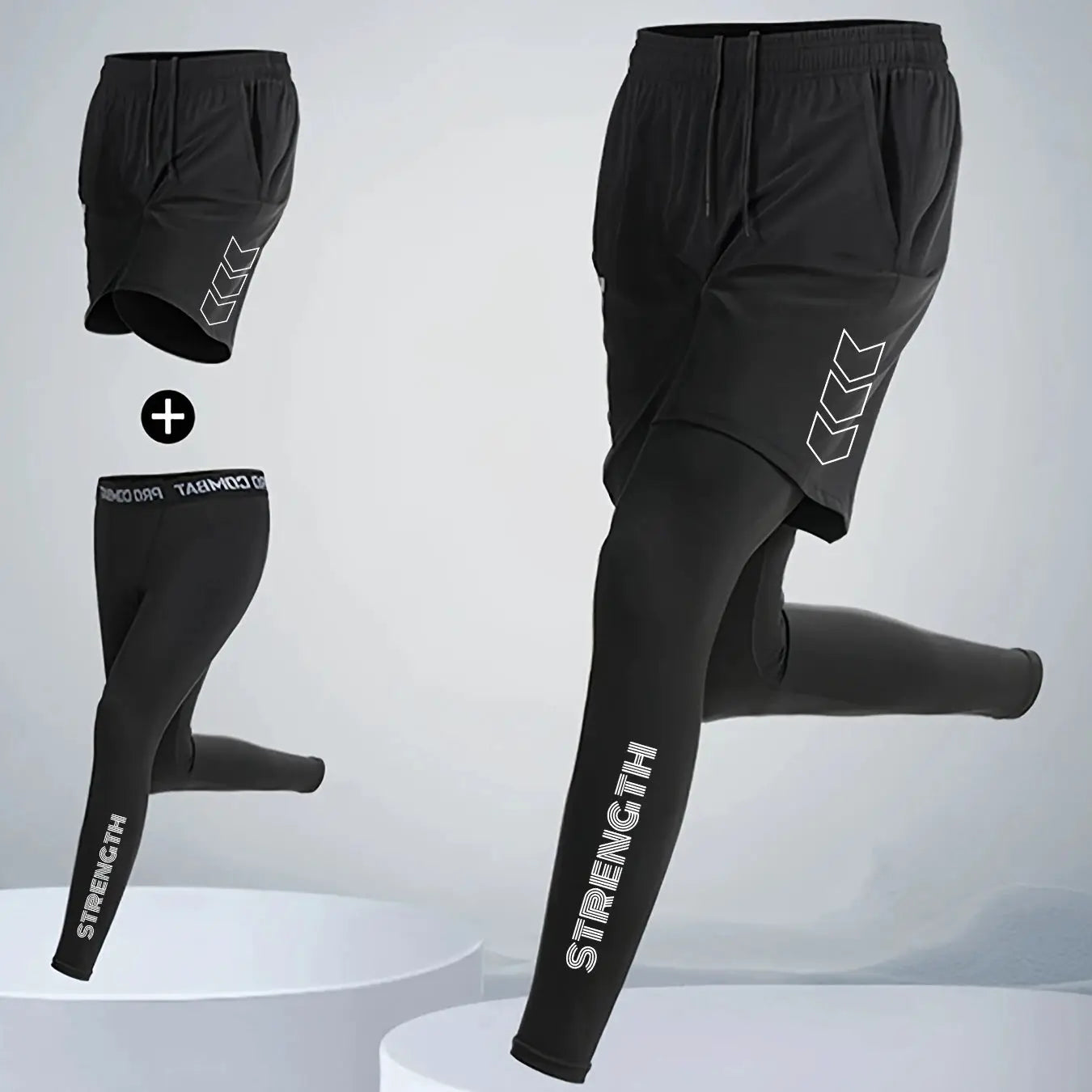 Men's 2-in-1 compression sport pants with shorts over tights, black quick-dry fabric, Strength leg print.